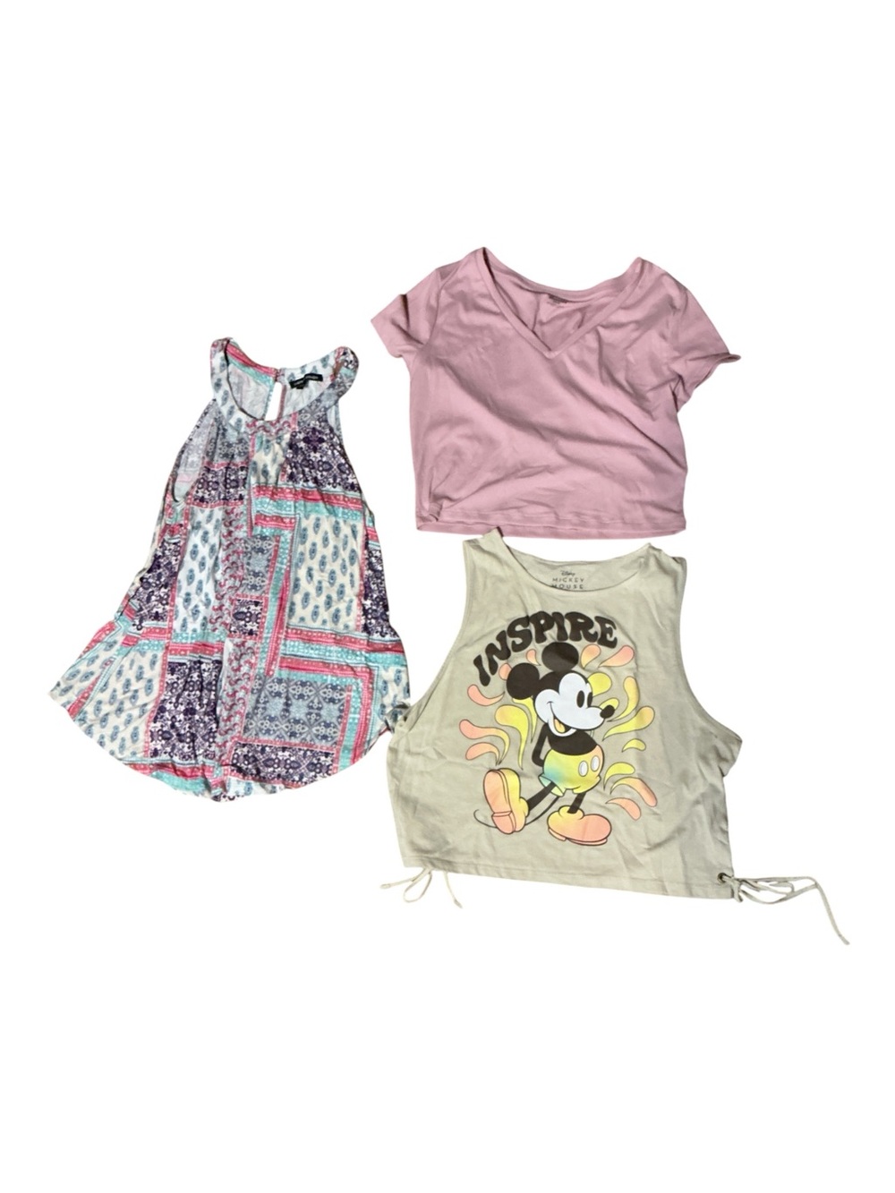 Girls Pink Cropped Tee, Printed Tank & Mickey Inspire Tank Top Set